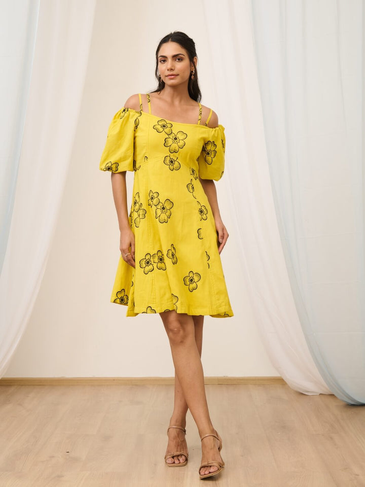 Yellow Cold Shoulder Short Embroidered Floral Dress