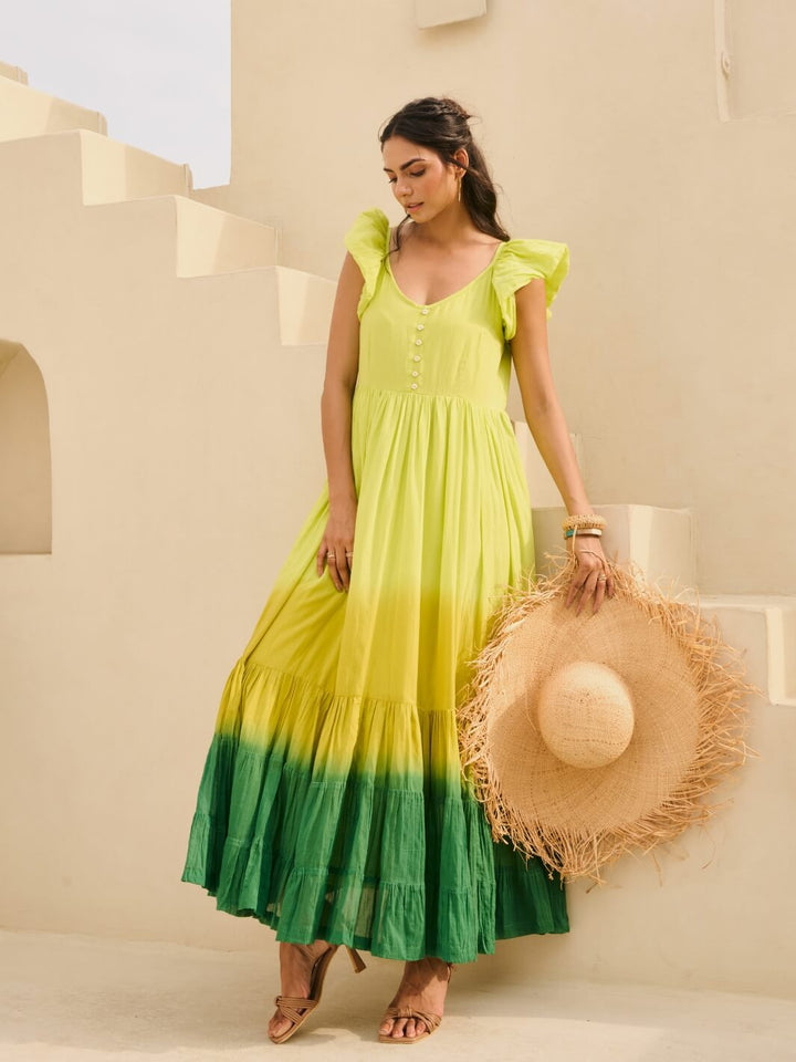 Lime Green Cotton Voile Ombre Flared Maxi Dress