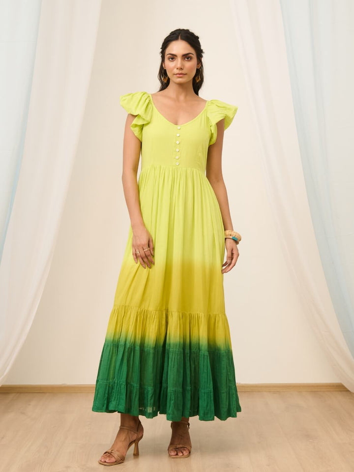 Lime Green Cotton Voile Ombre Flared Maxi Dress