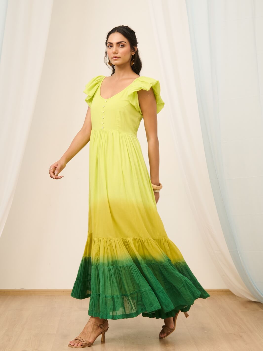 Lime Green Cotton Voile Ombre Flared Maxi Dress