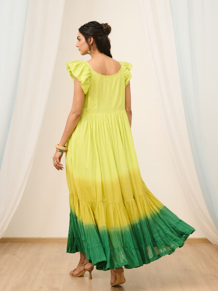 Lime Green Cotton Voile Ombre Flared Maxi Dress