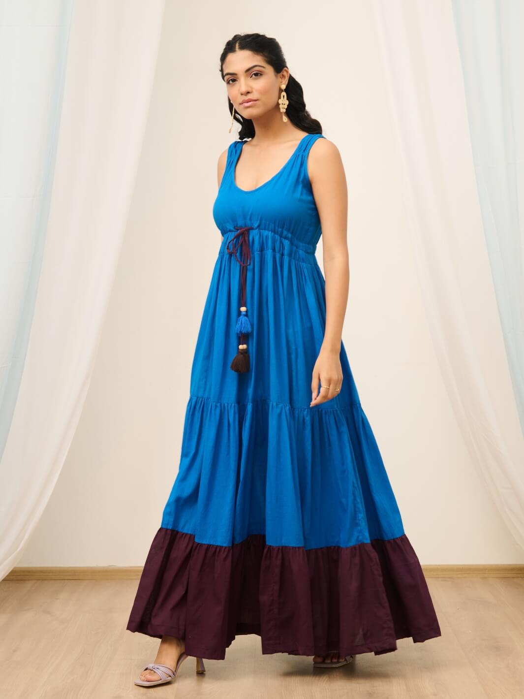 Blue Cotton Voile Sleeveless Flared Maxi Dress