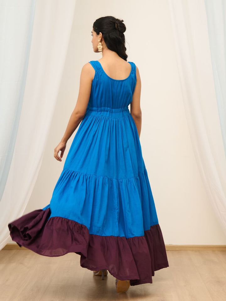 Blue Cotton Voile Sleeveless Flared Maxi Dress