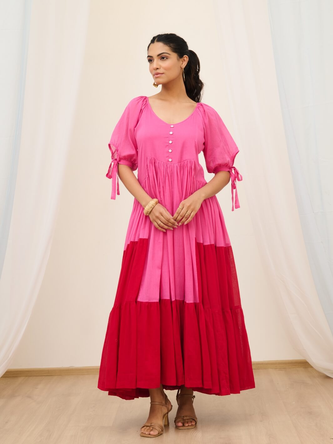 Pink & Red Cotton Voile Flared Maxi with Balloon Sleeves