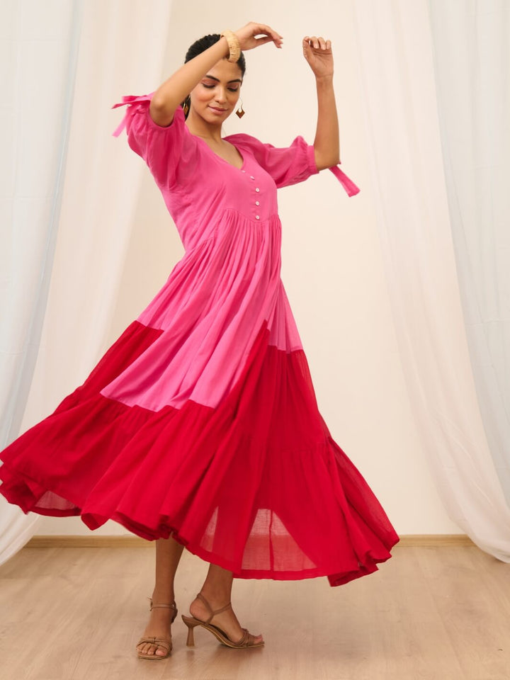 Pink & Red Cotton Voile Flared Maxi with Balloon Sleeves