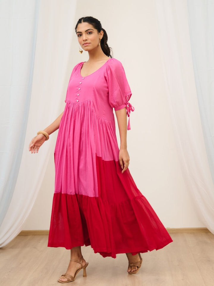 Pink & Red Cotton Voile Flared Maxi with Balloon Sleeves