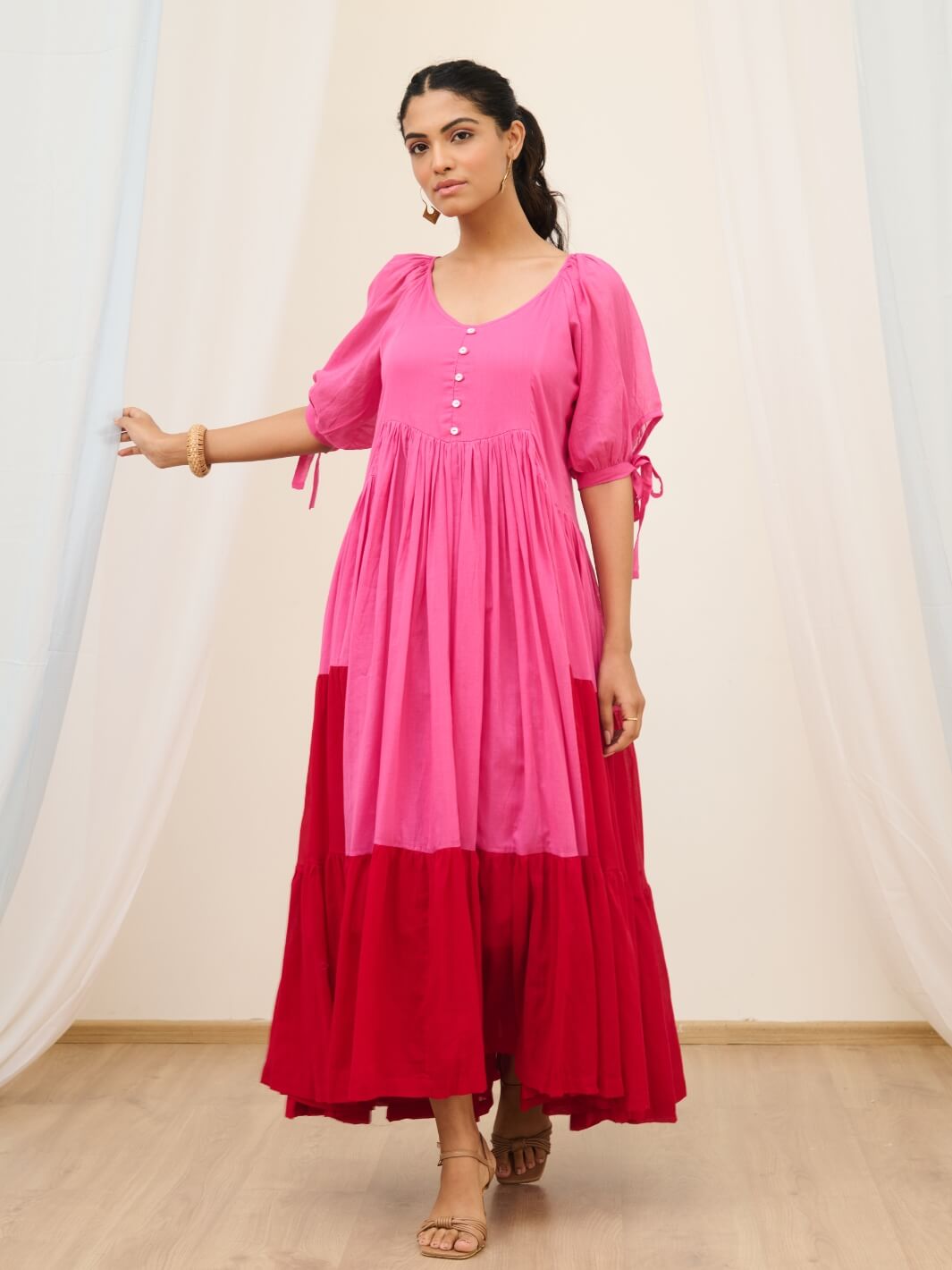 Pink & Red Cotton Voile Flared Maxi with Balloon Sleeves