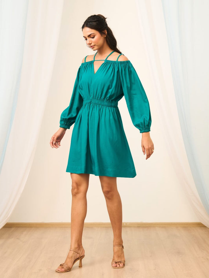 Teal Green Short Cold Shoulder Dress with Balloon Sleeves