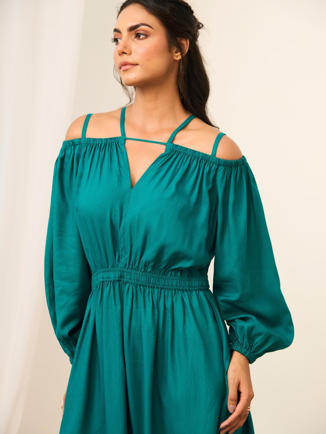 Teal Green Short Cold Shoulder Dress with Balloon Sleeves