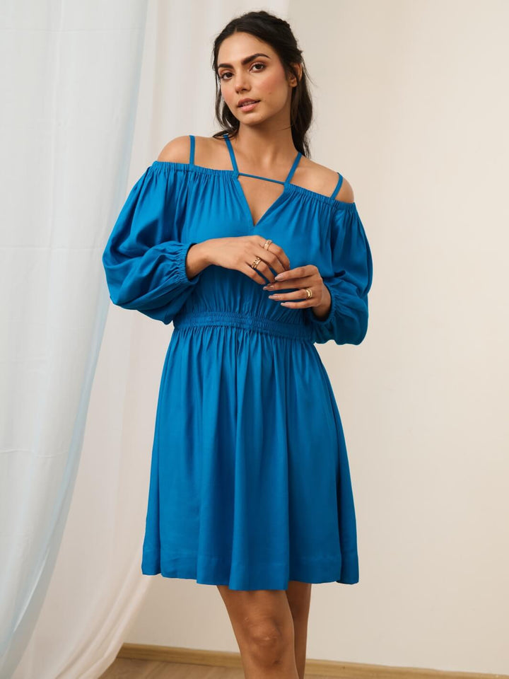 Cobalt Blue Short Cold Shoulder Dress with Balloon Sleeves