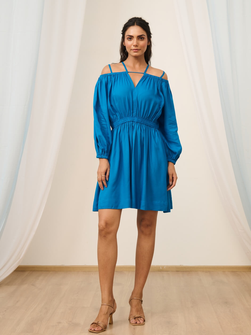 Cobalt Blue Short Cold Shoulder Dress with Balloon Sleeves