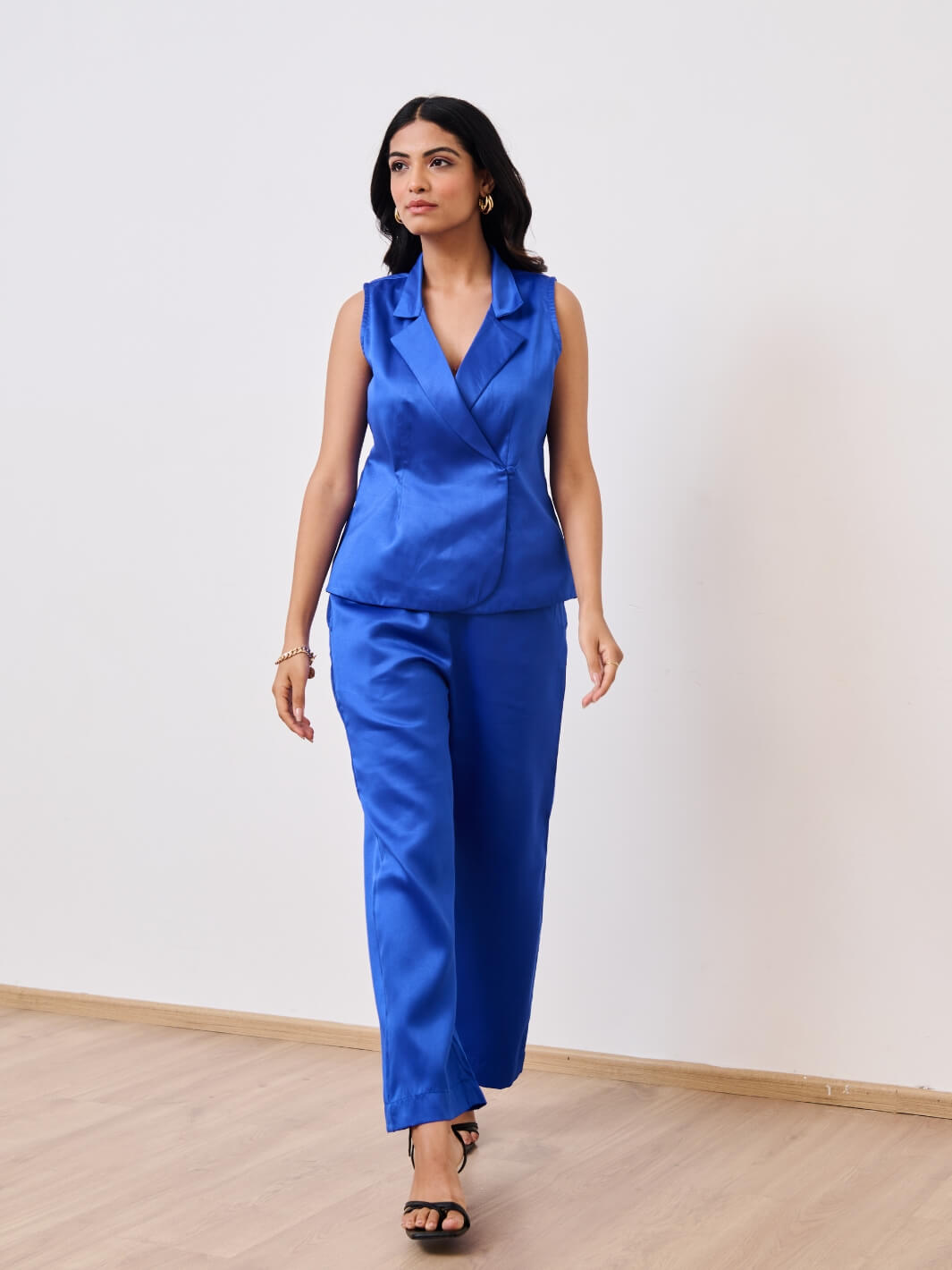 Blue Cotton Satin Sleeveless Evening Co-ord Set