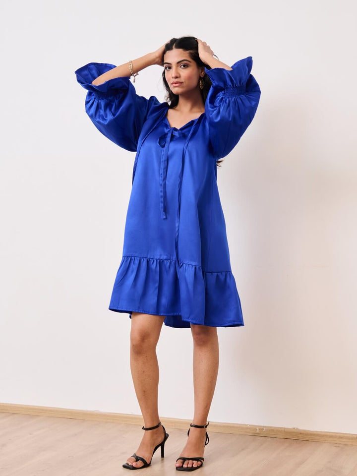 Blue Cotton Satin Short Party Dress with Ruched Sleeves