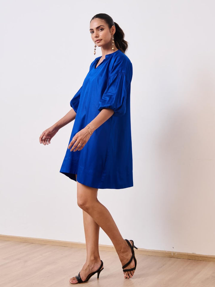 Blue Cotton Satin Short Party Dress with Balloon Sleeves