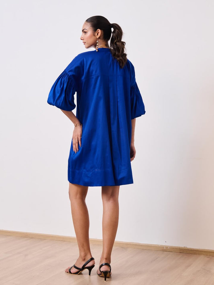 Blue Cotton Satin Short Party Dress with Balloon Sleeves