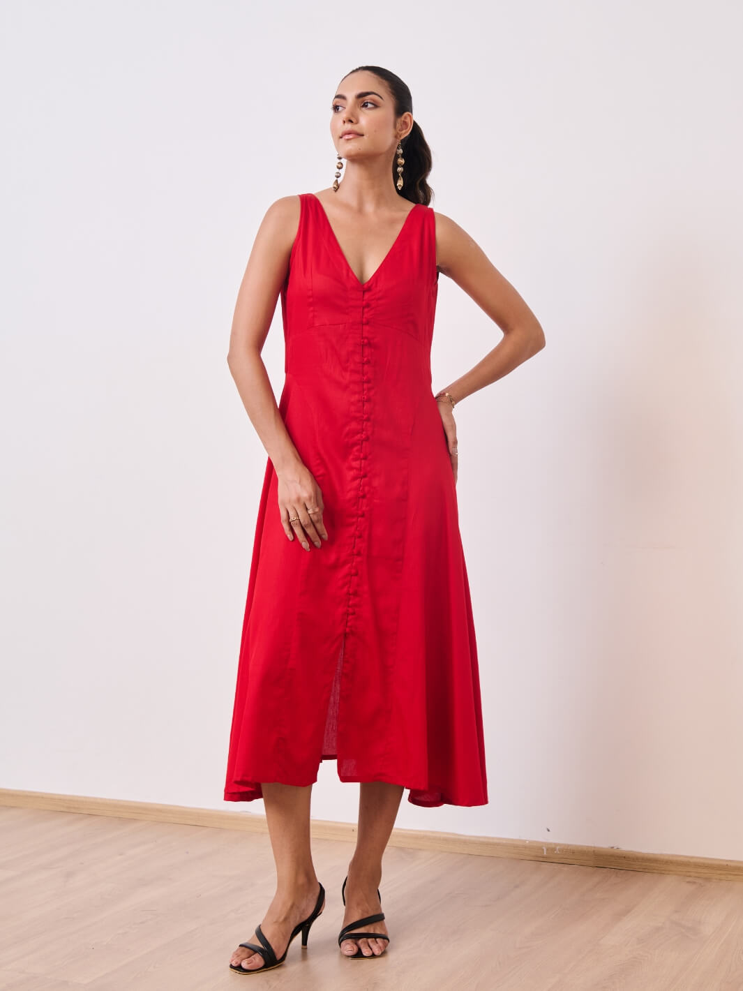 Deep Red Cotton Satin Sleeveless Party Dress