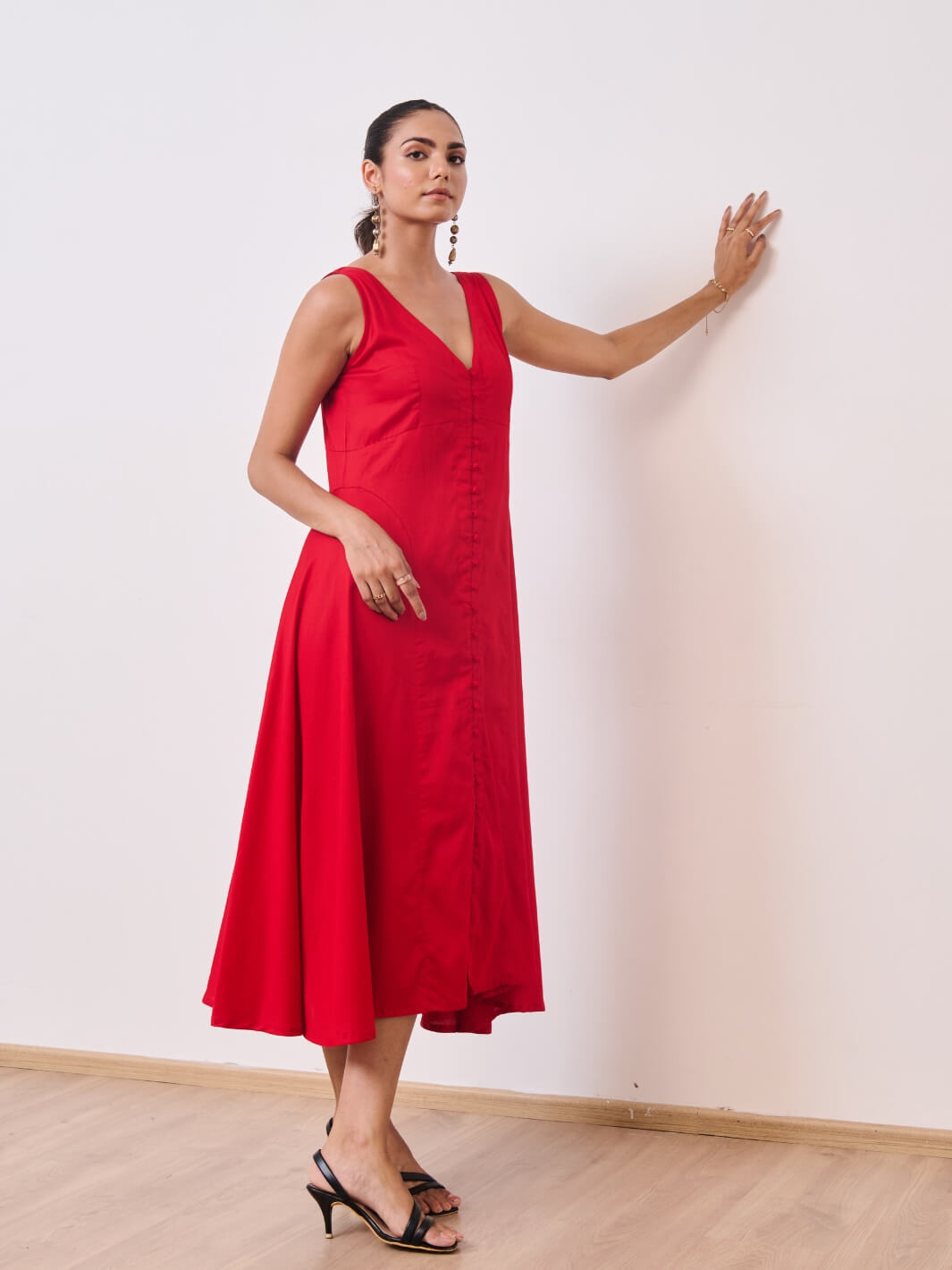 Deep Red Cotton Satin Sleeveless Party Dress