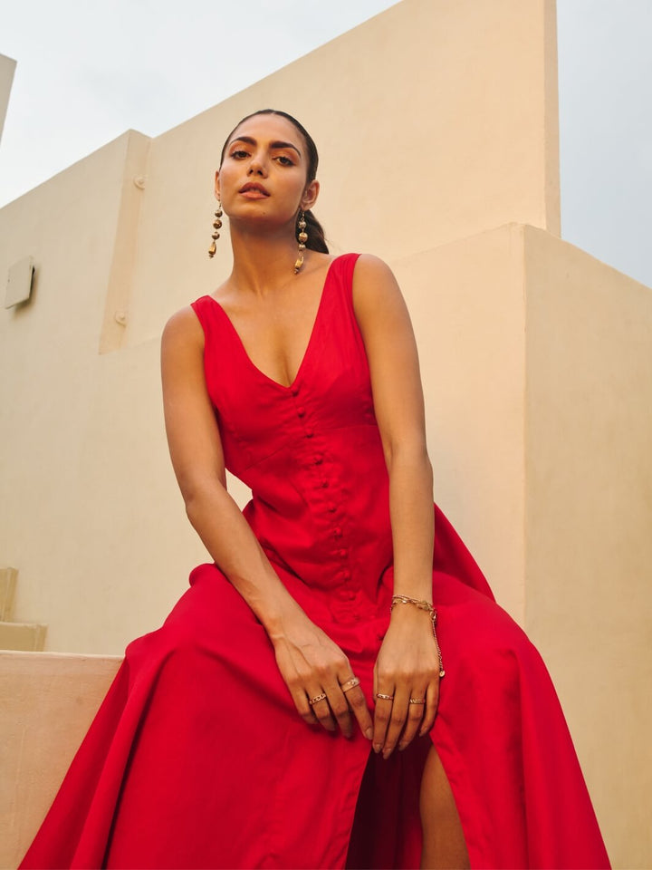 Deep Red Cotton Satin Sleeveless Party Dress