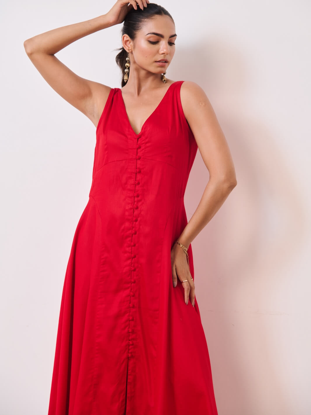 Deep Red Cotton Satin Sleeveless Party Dress