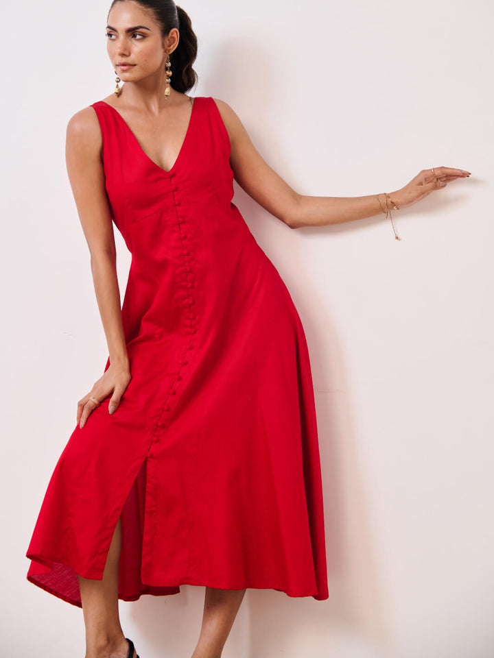 Deep Red Cotton Satin Sleeveless Party Dress