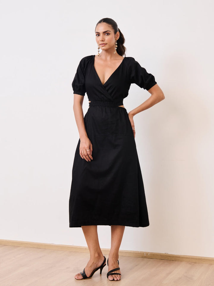 Black Cotton Satin Deep-V Bareback Party Dress