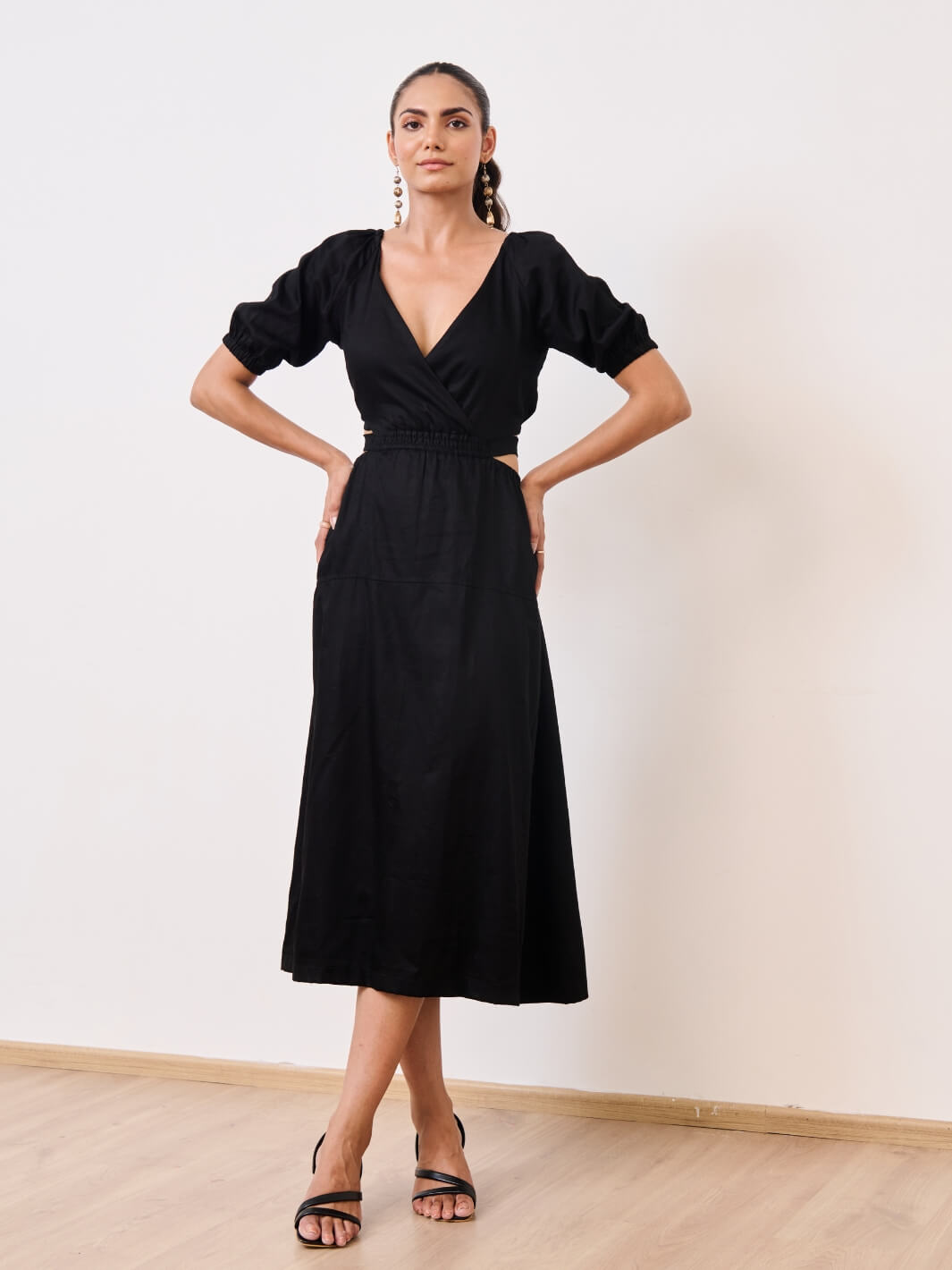 Black Cotton Satin Deep-V Bareback Party Dress