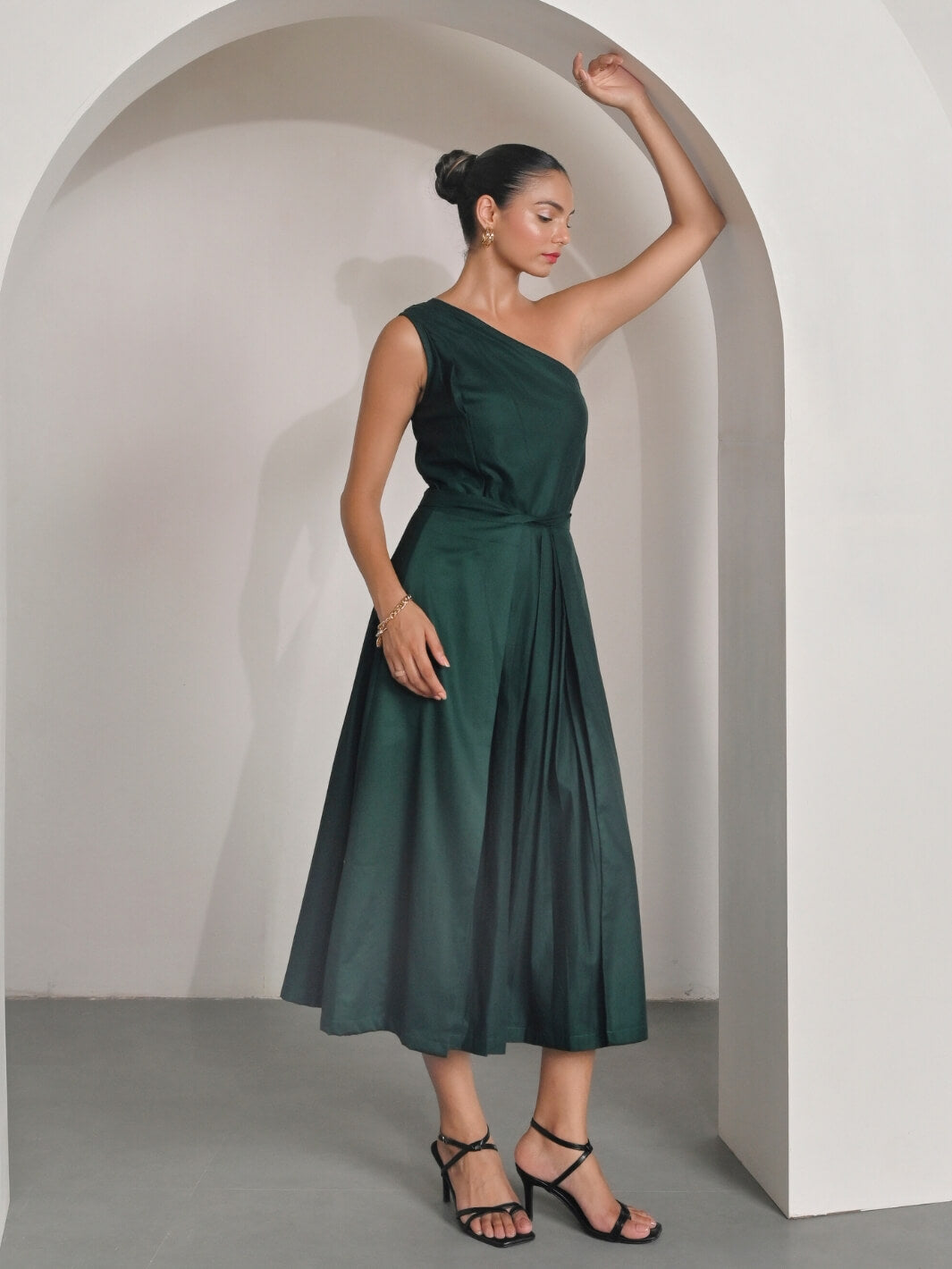 Green Cotton Satin One Shoulder Party Dress