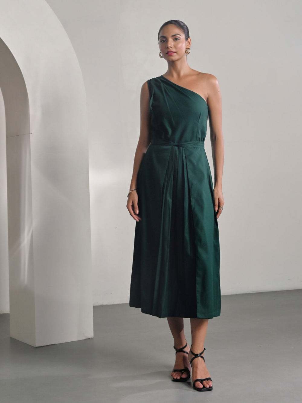 Green Cotton Satin One Shoulder Party Dress