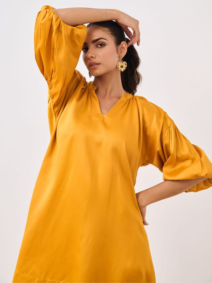 Orange Cotton Satin Short Party Dress with Balloon Sleeves