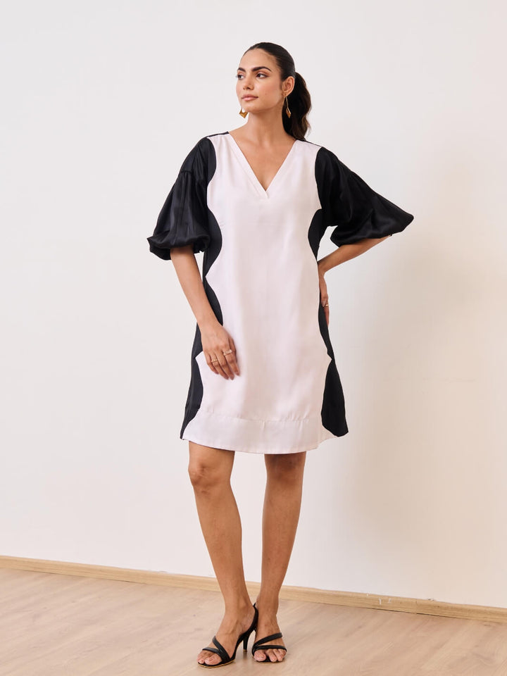 White & Black Cotton Satin V-Neck Short Party Dress