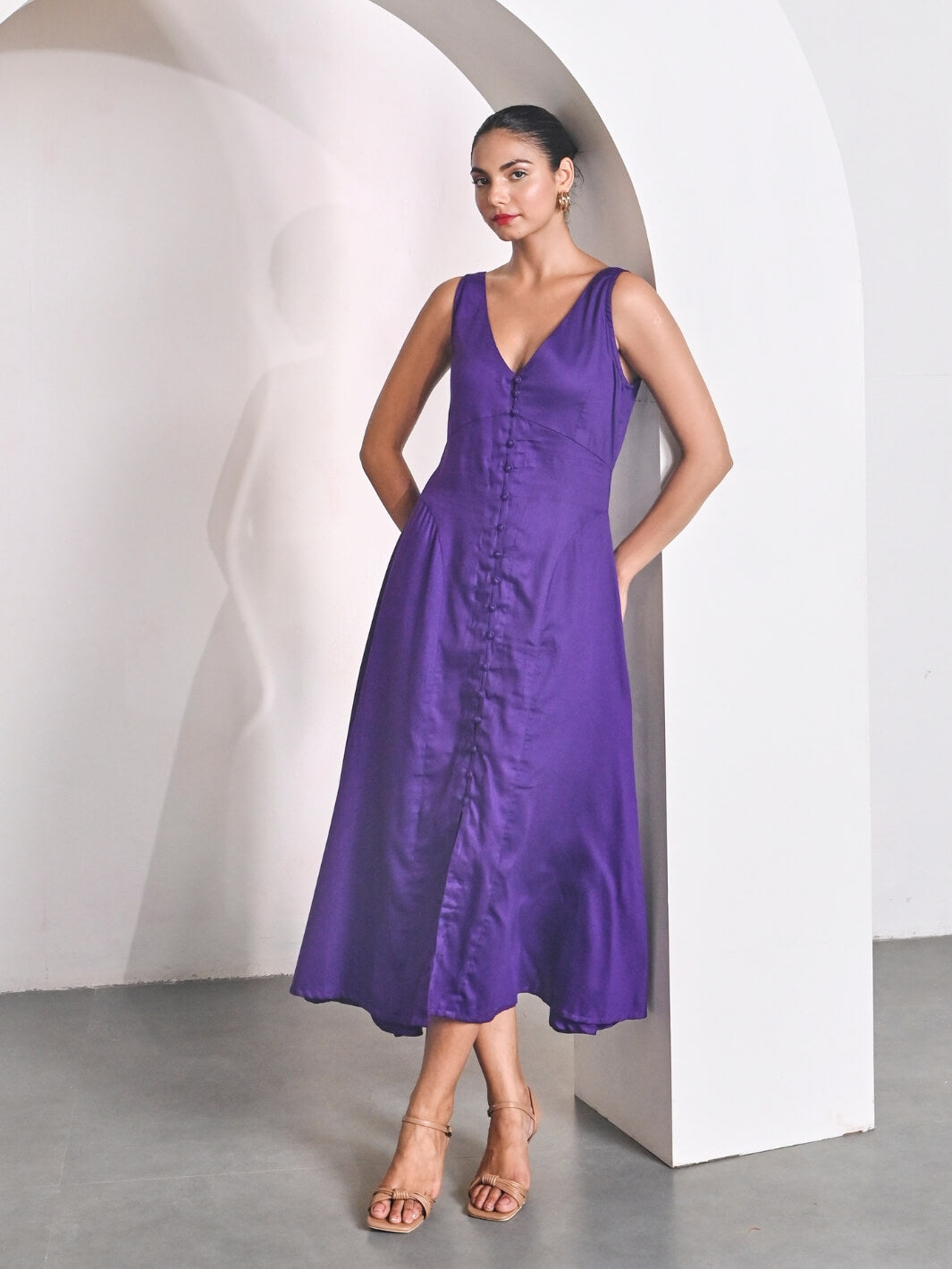 Purple Cotton Satin Sleeveless Party Dress