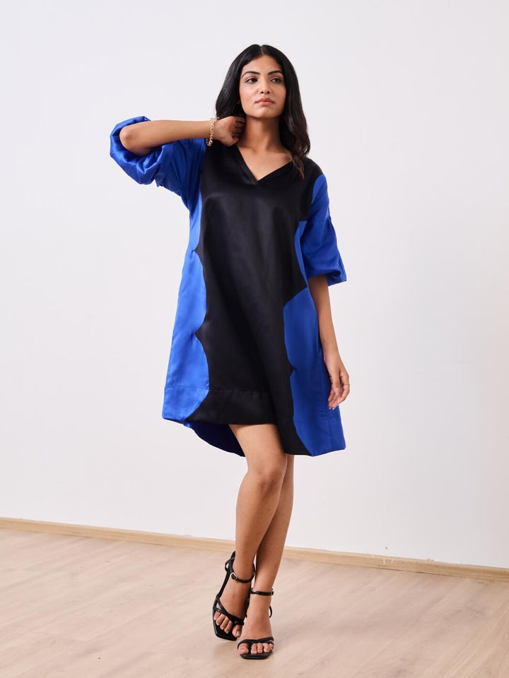 Blue & Black Cotton Satin V-Neck Short Party Dress