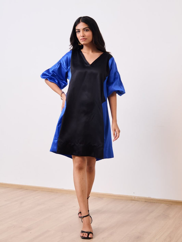 Blue & Black Cotton Satin V-Neck Short Party Dress