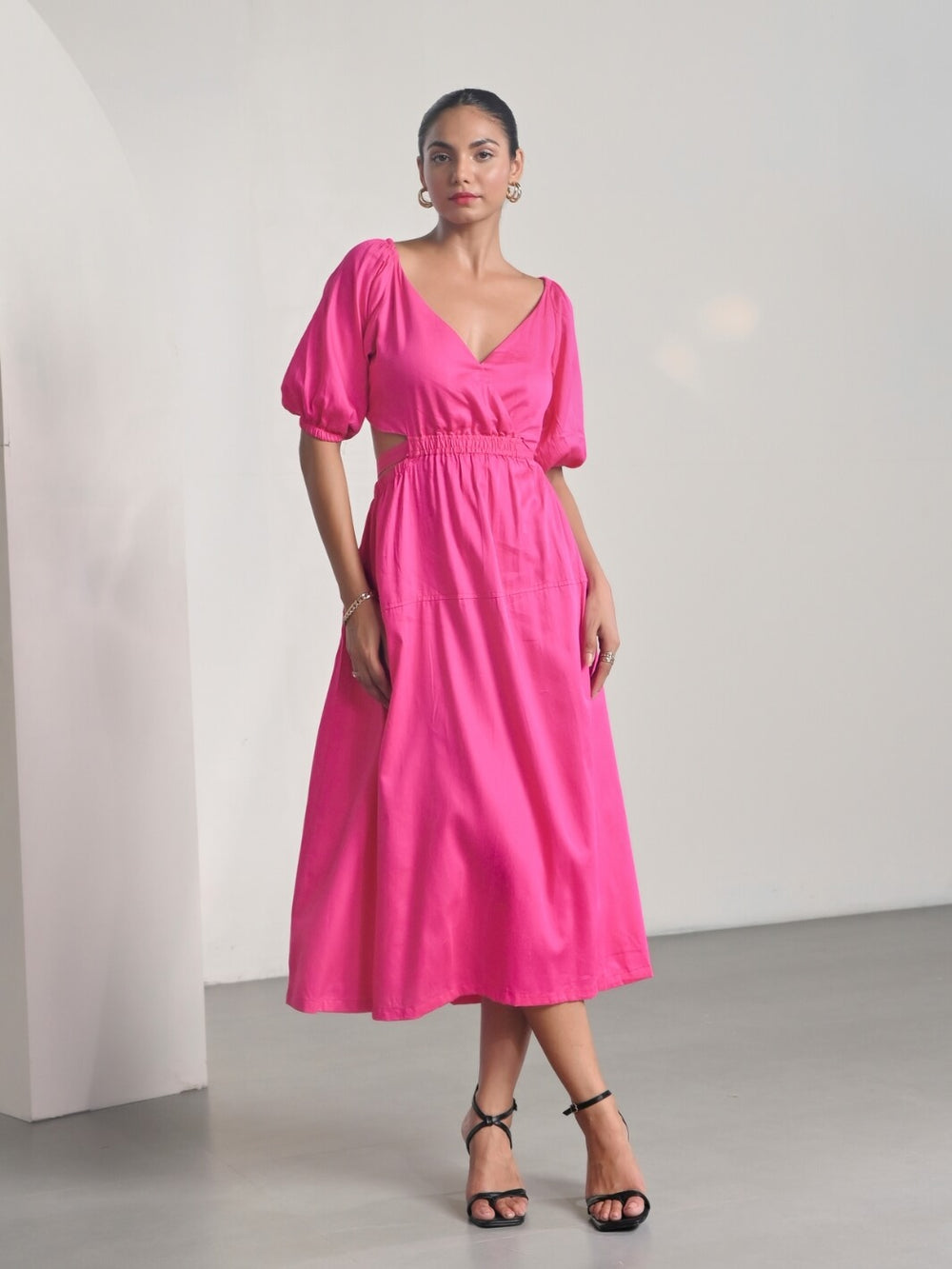 Pink Cotton Satin Deep-V Bareback Party Dress