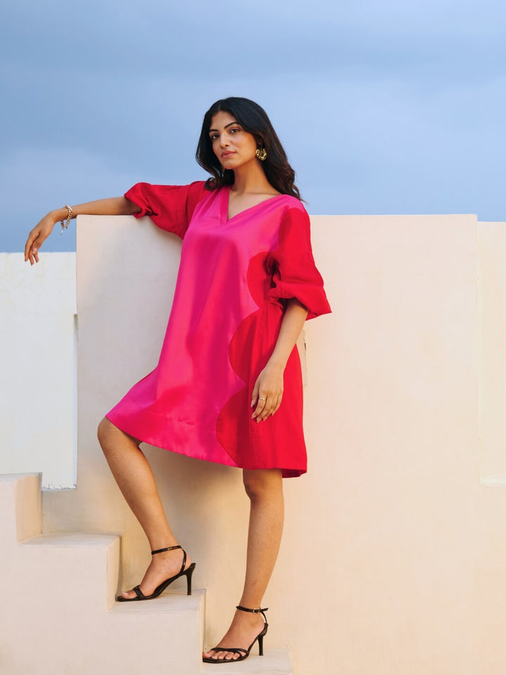 Red & Pink Cotton Satin V-Neck Short Party Dress