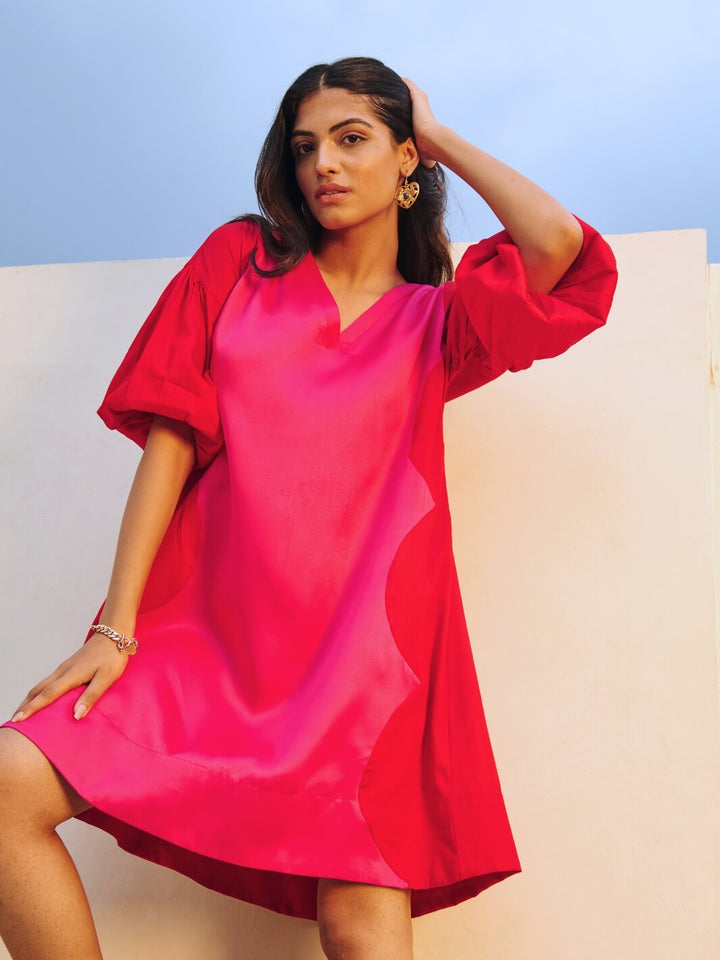 Red & Pink Cotton Satin V-Neck Short Party Dress