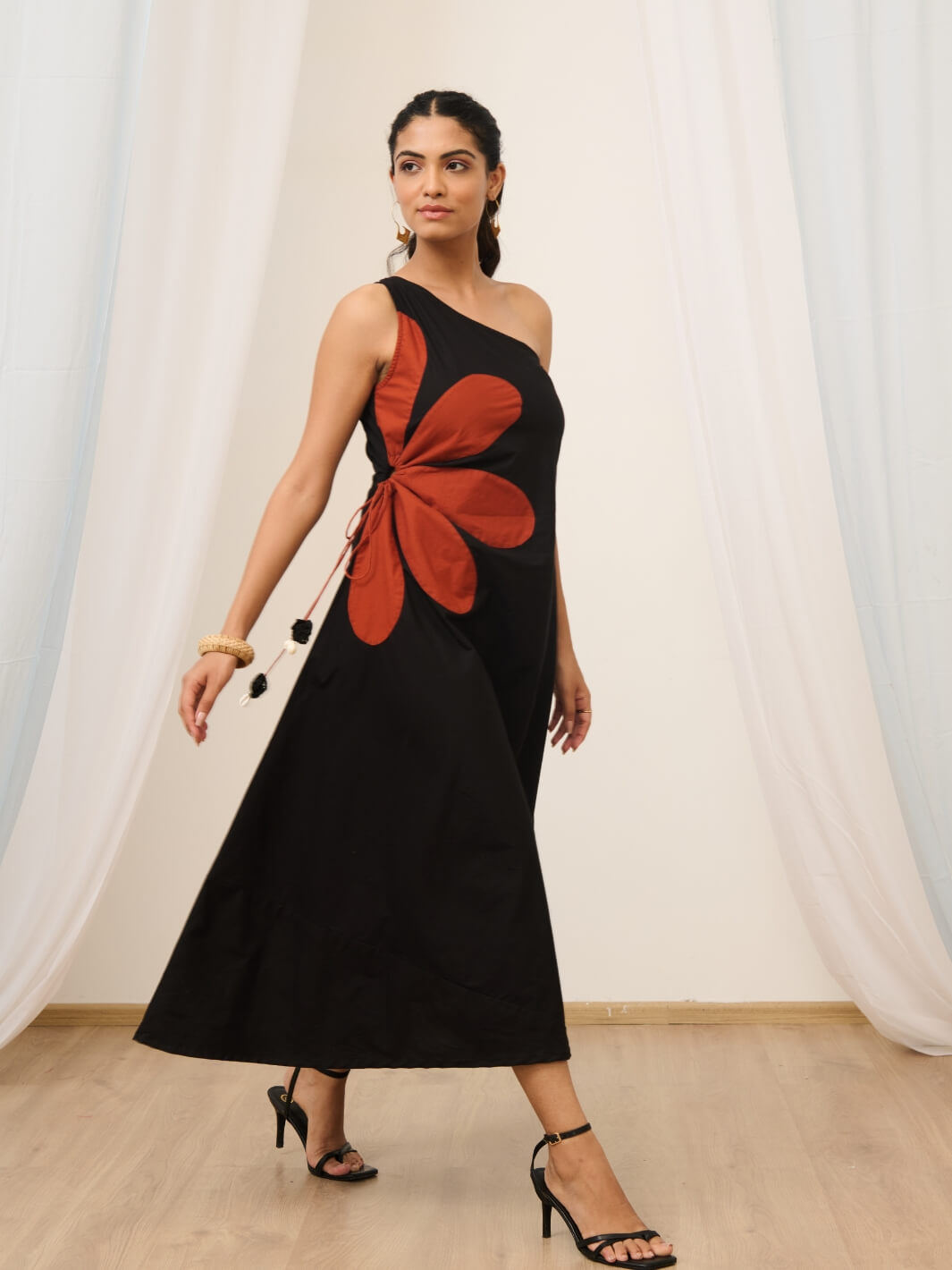 Black One Shoulder Embroidered Floral Dress