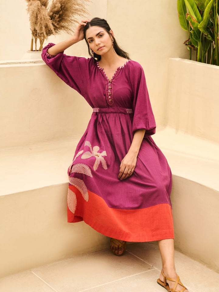 Purple Cotton Embroidered Maxi Dress with Balloon Sleeves