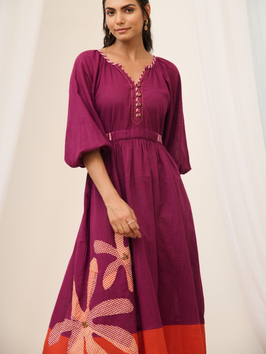 Purple Cotton Embroidered Maxi Dress with Balloon Sleeves