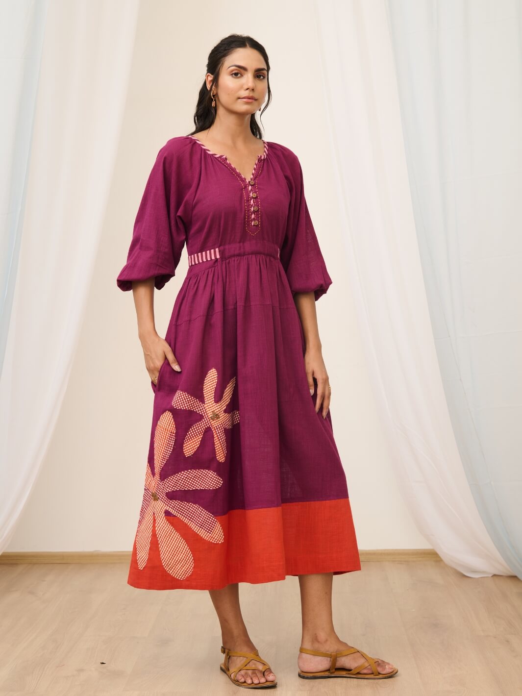 Purple Cotton Embroidered Maxi Dress with Balloon Sleeves