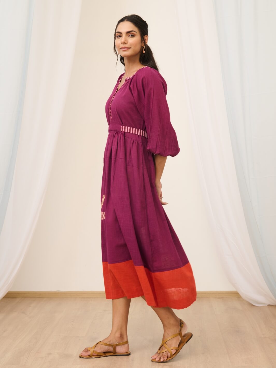 Purple Cotton Embroidered Maxi Dress with Balloon Sleeves