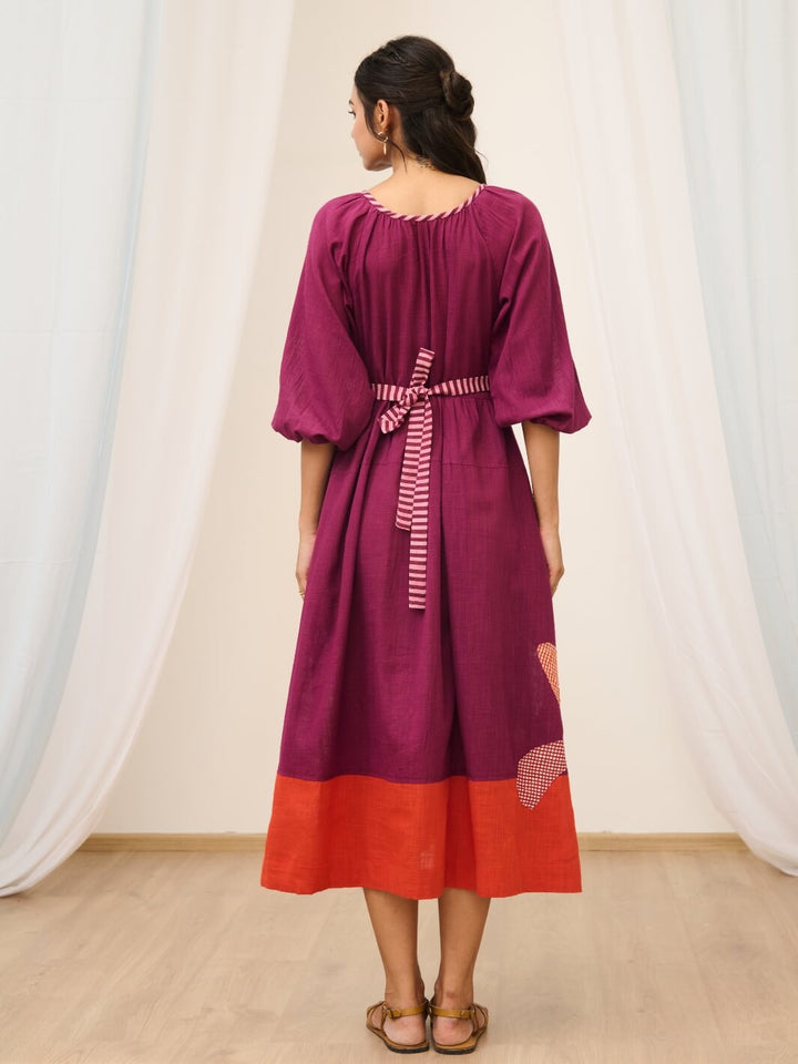 Purple Cotton Embroidered Maxi Dress with Balloon Sleeves