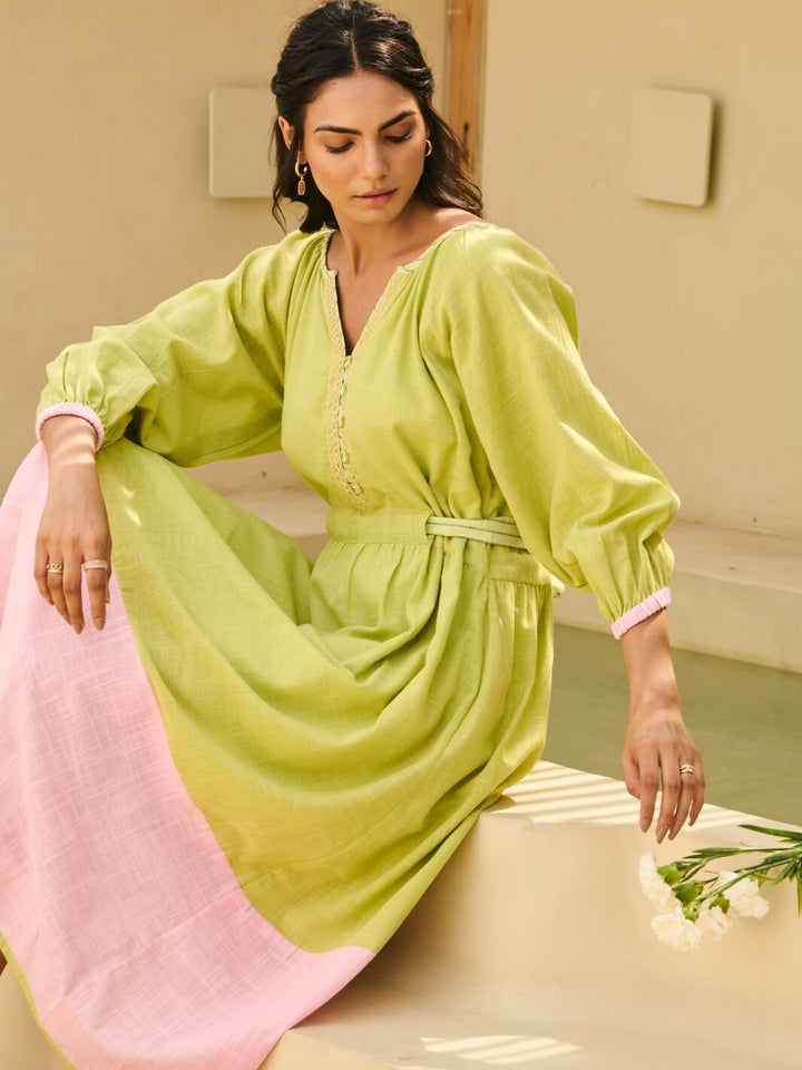 Soft Green Cotton Embroidered Dress with Balloon Sleeves