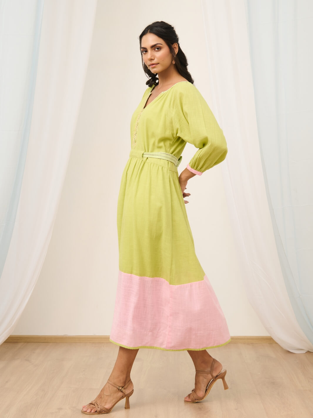 Soft Green Cotton Embroidered Dress with Balloon Sleeves