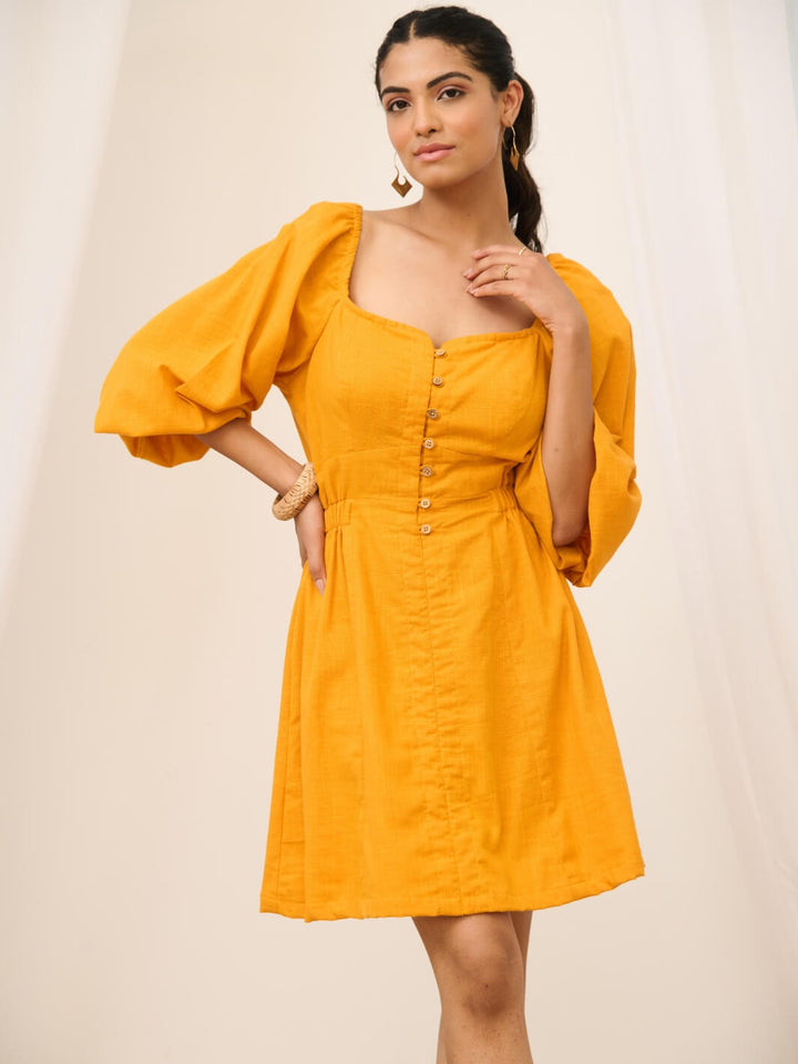 Tangerine Orange Cotton A-Line Short Dress