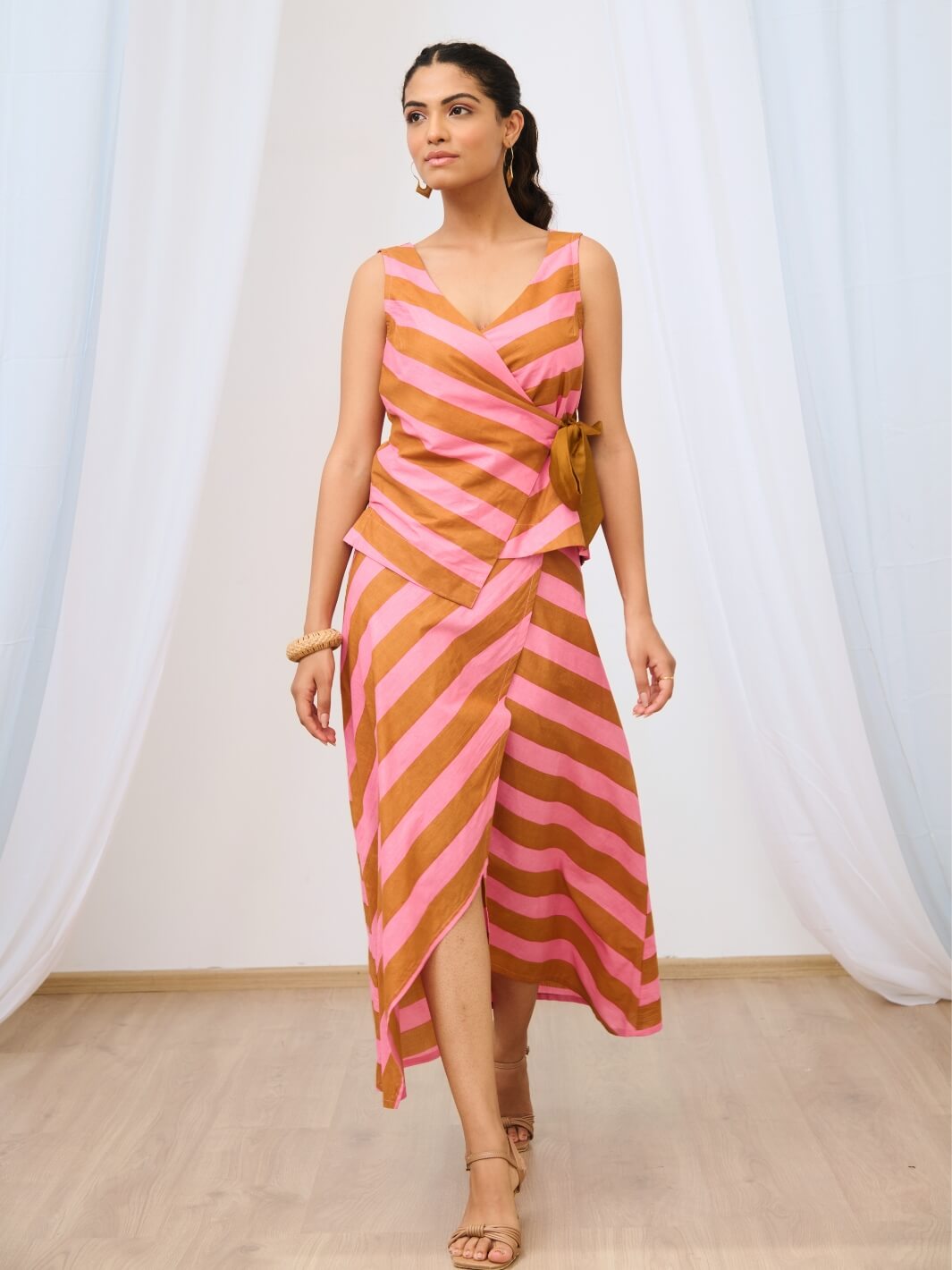 Pale Pink Striped Printed Asymmetric Skirt Set