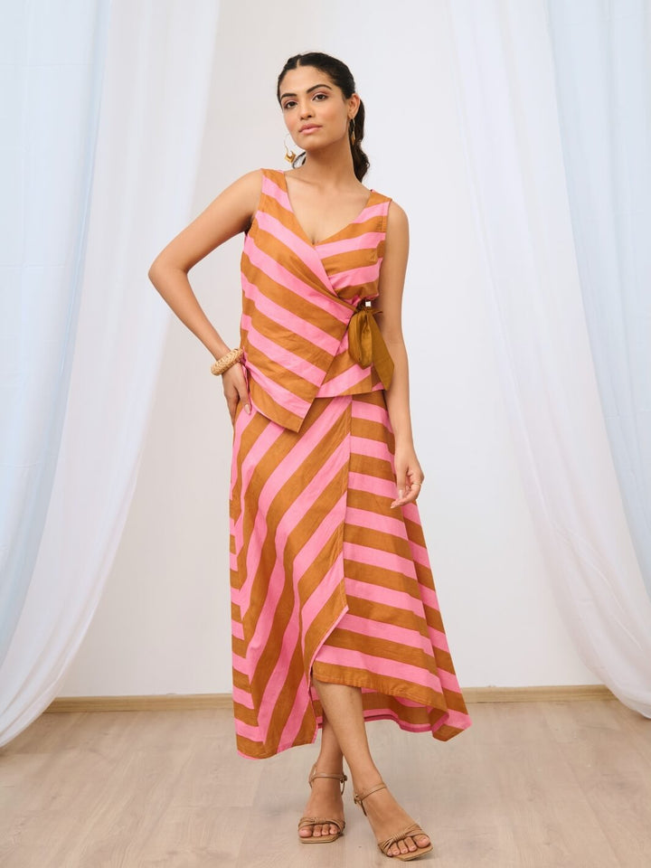 Pale Pink Striped Printed Asymmetric Skirt Set