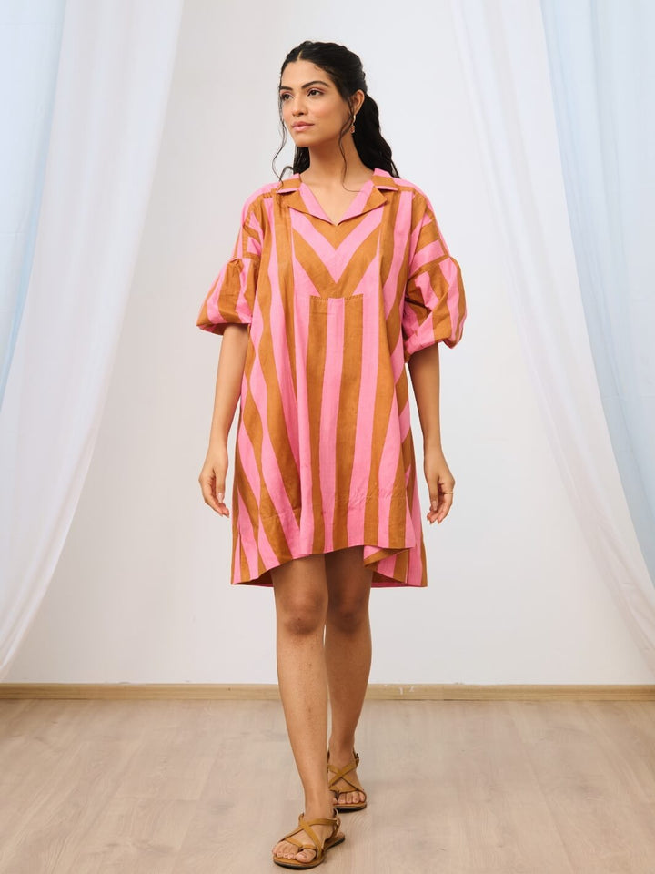 Pale Pink Striped Printed Short Dress with Collar Neck