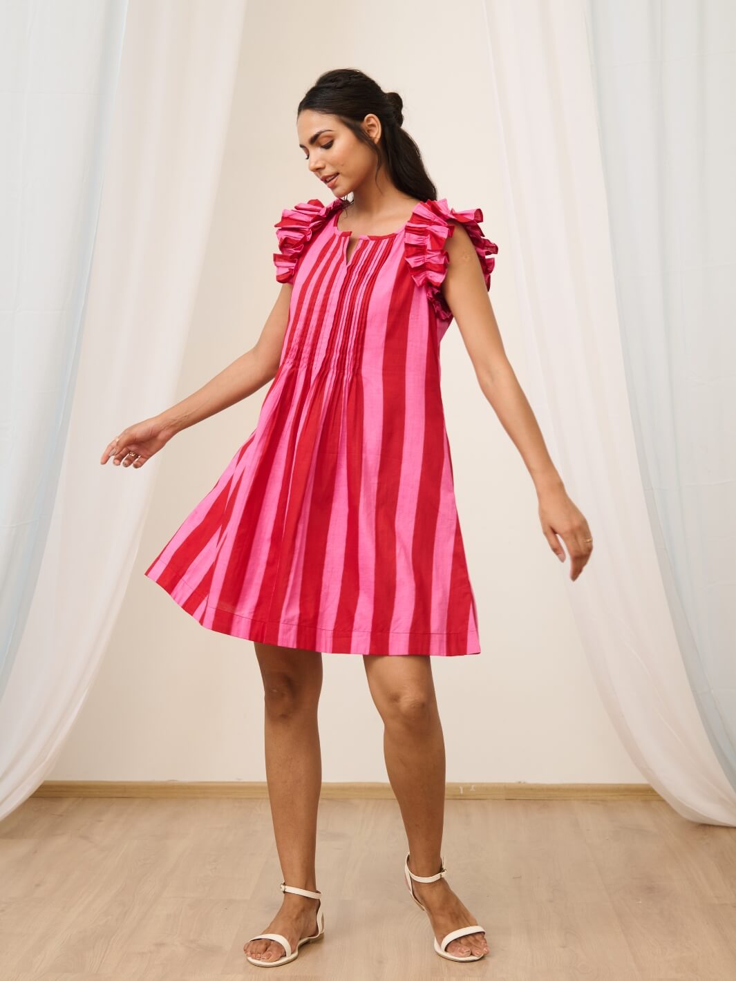 Pink & Red Striped Printed Short Dress with Ruffled Sleeves