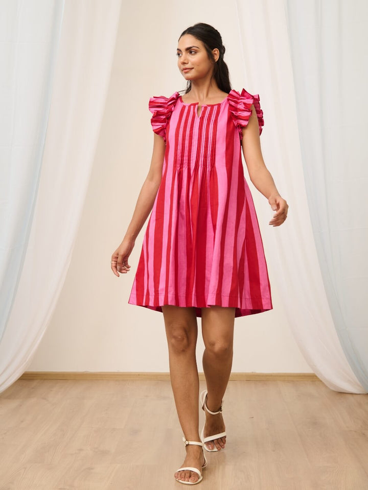 Pink & Red Striped Printed Short Dress with Ruffled Sleeves